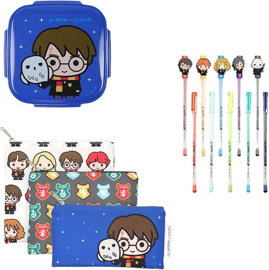 Yoobi x Harry Potter Bento Box, Snack Bags & Gel Pens Bundle – Reusable Snack Bags (3-Pack), Bento Box with Ice Pack - BPA Free, Gel Pens (10-Count) with Charms – Cute Designs for Kids & Adults