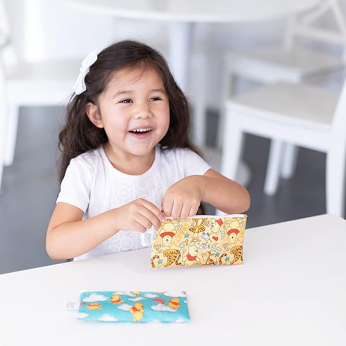 Bumkins Disney Reusable Snack Bags, for Kids School Lunch and for Adults Portion, Washable Fabric, Waterproof Cloth Zip Bag, Supplies Travel Pouch, Food-Safe Storage, 2-pk Winnie the Pooh