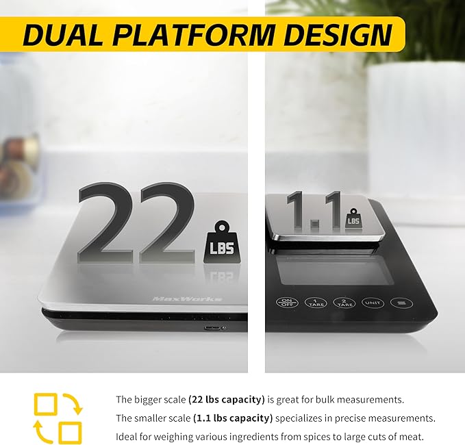 MaxWorks Dual Platform Digital Kitchen Scale 51069 22 lbs Capacity 11 inch x 7 inch x 1.18 inch Scale Units g kg lb oz ml Unit Conversion Tare Stainless Steel Tempered Glass + HIPS