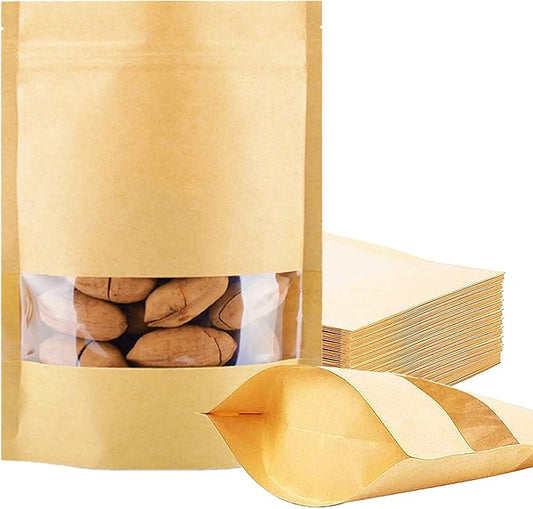 100 Pcs Resealable Stand Up kraft Paper Bags with Window for Packaging Products, Reusable Zip Lock Food Storage Pouch Bags (6.7" x 9.4")
