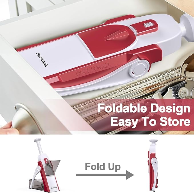 Safe Mandoline Slicer for Kitchen, Adjustable Thickness 0.1-8 mm, 5 in 1 Multi Vegetable Chopper, Potato Slicer, Food Chopper French Fry Cutte, with Paring Knife/Cleaning Brush, Mandolin (RoseRed)