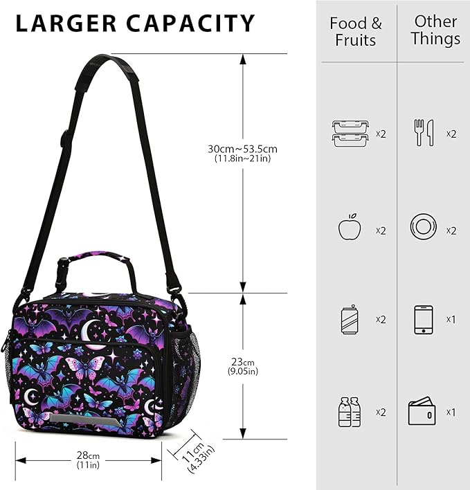 MNSRUU Student Lunch Bag Neon Purple and Bats Stars and Moons Insulated DinnerTotes Picnic Bag Lunch Box with Adjustable Shoulder Strap for Teen Kids Adults