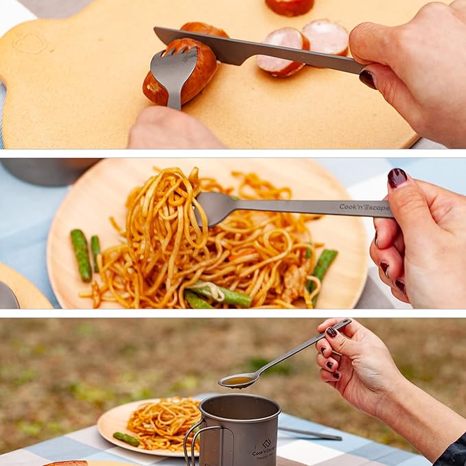 COOK'N'ESCAPE Titanium Camping Cooking Utensils, Lightweight Spoon Fork Knife Combo Flatware+Reusable Titanium Straw Set with Cleaning Brush for Kitchen Travel Picnic Hiking Backpacking Outdoors