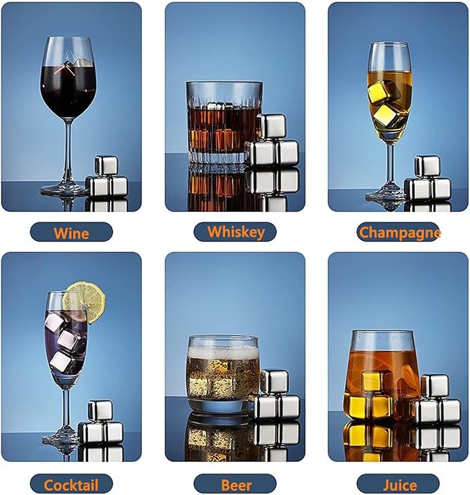 12 Pack Whiskey Stones Gift Set for Men, Das TooKii Stainless Steel Ice Cubes Chilling Stones Reusable, High Cooling Rocks Metal Ice Cube for Drinks Beverage Wine with Ice Tongs & Freezer Storage Box