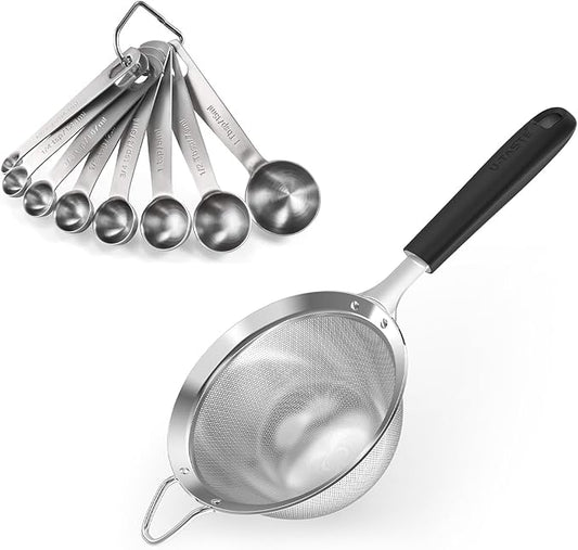 18/8 Stainless Steel Measuring Spoons Set for Dry and Liquid Ingredients (Set of 8), and 4.73in Medium Fine Mesh Strainer with Sturdy Riveted Silicone Handle and Strong Frame (Black)