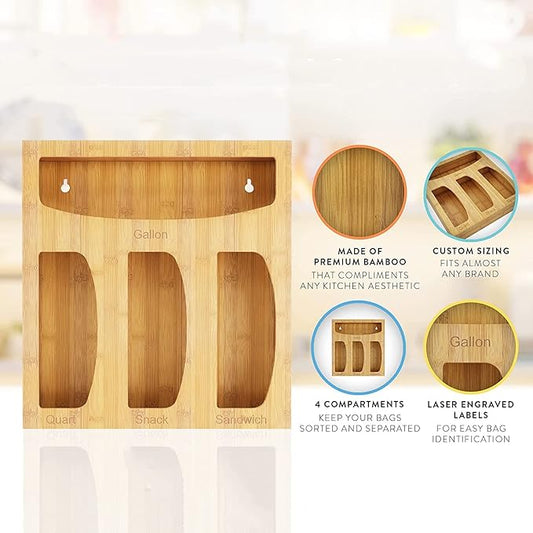 Food Bag Storage Organizer For Kitchen Drawer, Bamboo Baggie Holder,Solimo,Glad,Hefty For Gallon, Quart, Sandwich And Snack Variety Size Bags(1 Box 4 Slots) (1)