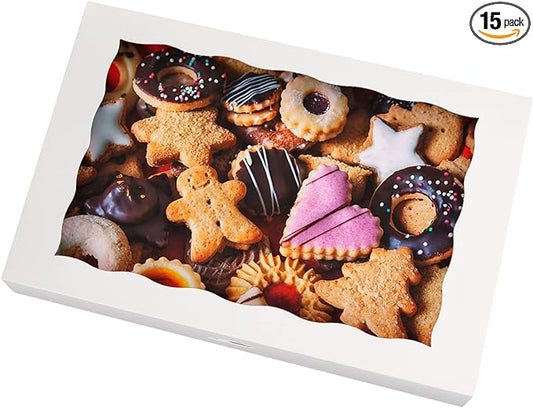 15-PACK Pastry Bakery Box 16x11x2.75inch,White Large Donuts,Muffins,Cookies Boxes with PVC Window Auto-Pop up Paper Box Nature Cardboard Take Out Container,Hold 12 Donuts,Pack of 15