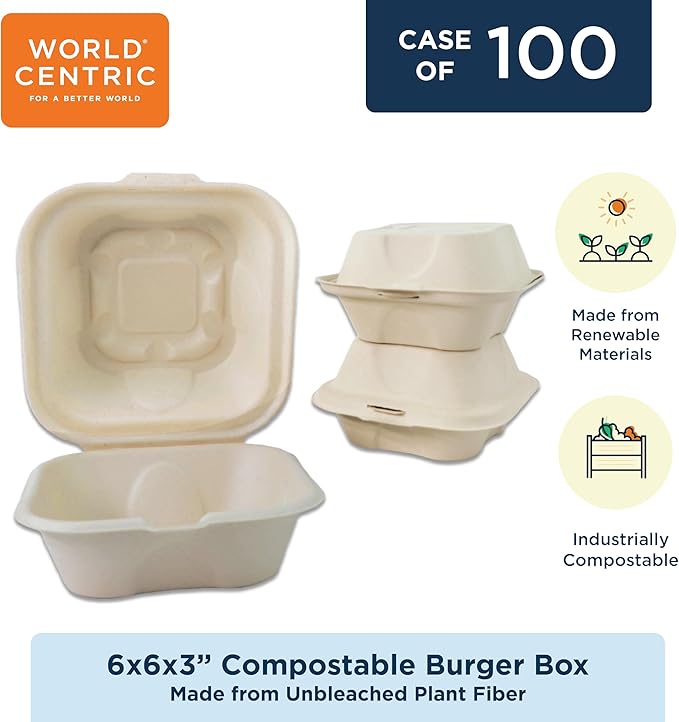 World Centric Compostable Fiber Burger Box 6x6x3 - Plant Fiber with no Added PFAS - 100 Pack