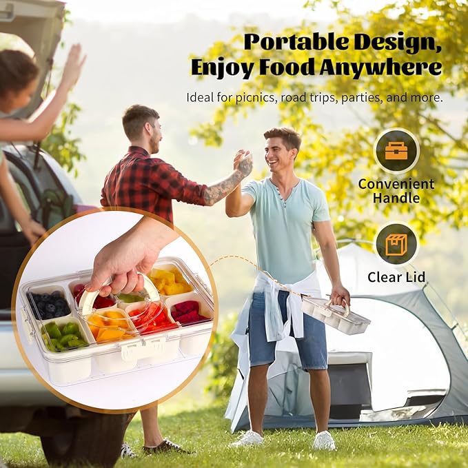 Divided Snackle Box Container - 8 Compartments serving tray with Lid and Handle - Reusable Refrigerator Snack Fruit Veggie Tray - Airtight Kitchen Food Storage Organizer Travel Nuts Candies