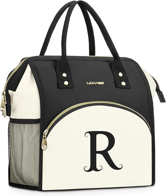 Personalized Lunch Box for Women, Initial Reusable Insulated Lunch Bag, Wide-Open Adult Lunchbox Cooler Lunchbag, Initial Leakproof Lunch Tote Bag for Picnic Work Outdoors Black and White - R