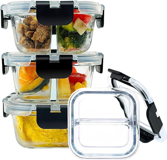 Bariatric Meal Prep Containers, Glass Bariatric Portion Control Containers with Two 4 oz Compartments (3 Pack), 8 oz Reusable Lunch Box Bento Box with Lids, Glass Snack Containers with Lids