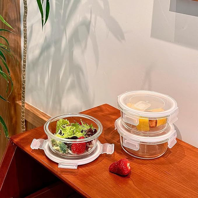 4Pack Round Glass Food Storage Containers With Lids, 1.5 Cup Round Meal Prep Bowls With Lids BPA-Free, Small Glass Food Containers for Soup Leftover, Microwave, Dishwasher, Freezer Safe
