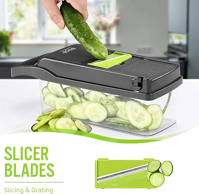 12 in 1 multifunctional Chopper with container, x Blade Vegetable chopper, Egg slicer, Onion Mincer, Cheese slicer, Dicer, Cutter, French fry cutter, Normal, green and gray