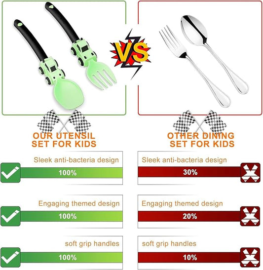 Construction Toddler Utensils - Toddler Forks and Spoons - Kids Spoon and Fork Set - Suitable for Kids Utensils - Easter Gifts, Portable Silverware Set for 1 2 3 4 5 year old Toddlers, Green