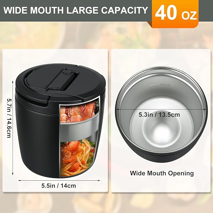 MAXSO Lunch Container 40 oz for Adults Stainless Steel Vacuum Insulated Food Jar, Soup Thermo for Hot Food Thermal Bento Box, Wide Mouth Leakproof Buckle Lid with Spoon - Black