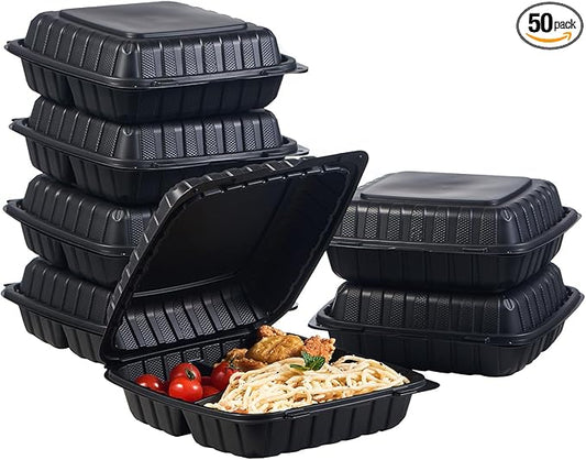9X9 3-Compartment 50-Pack Plastic Clamshell Takeout Food Trays Heavy Duty Togo Disposable Box For Pasta Salad Sandwich Carryout Hinged Containers With Secure Snap Lid (Formerly FULING)