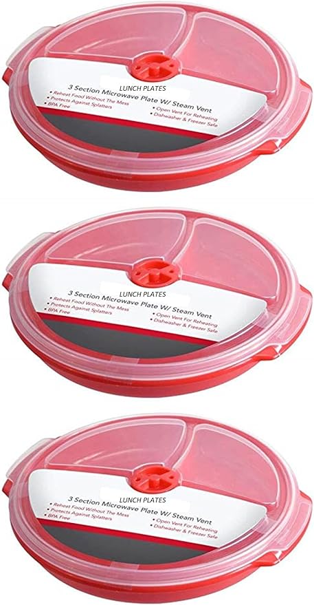 Home Products Essentials 3 pack- Microwave Food Storage Travel Tray Containers - Portion Control - 3 Section Compartment Divided Plates with Vented Lid For Easy Reheat (3, Red)