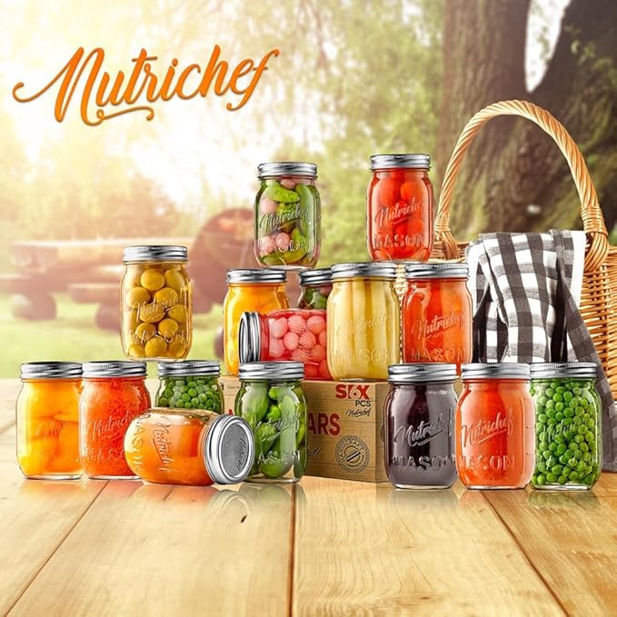 NutriChef 16-Pack 16 oz Mason Jars with Lids - Thick Glass Canning Jars with Stainless Steel Lids - Ideal for DIY Spices, Meal Prep, Overnight Oats, Jelly, Jam, Honey, Candles, Crafts, & More