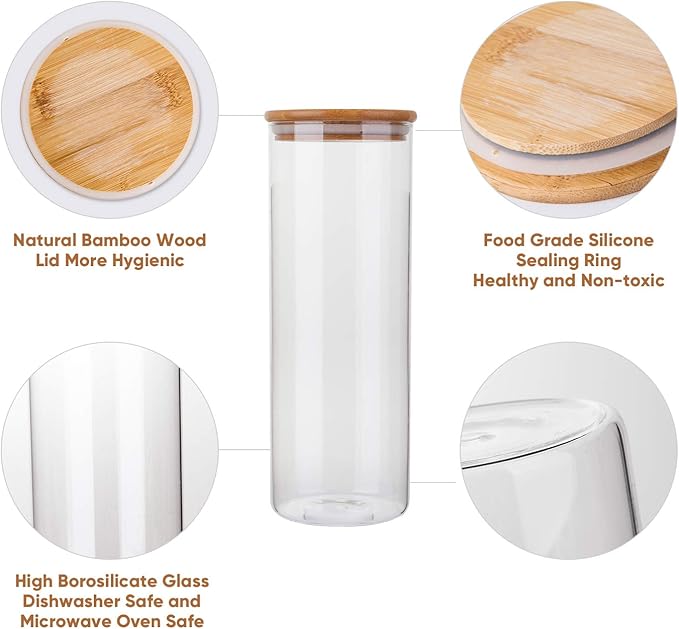 Glass Food Storage Containers Set,Airtight Food Jars with Bamboo Wooden Lids - Set of 5 Kitchen Canisters For Sugar,Candy, Cookie, Rice and Spice Jars