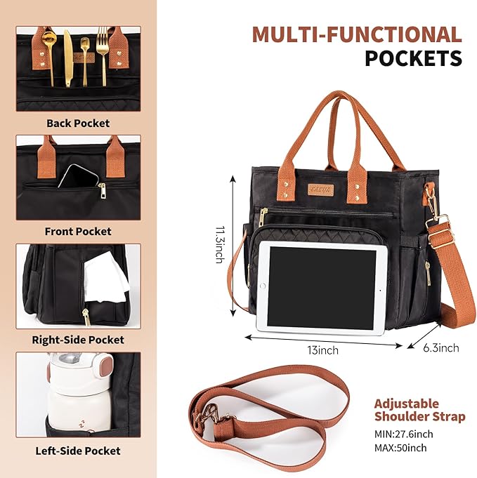 Large Women Lunch Bags for Work Insulated/Insulated Adult Lunch Box for Women/Durable Nylon Thermal cooler Bag/Leakproof Cooler Tote Bag with Storage Pocket (brown)
