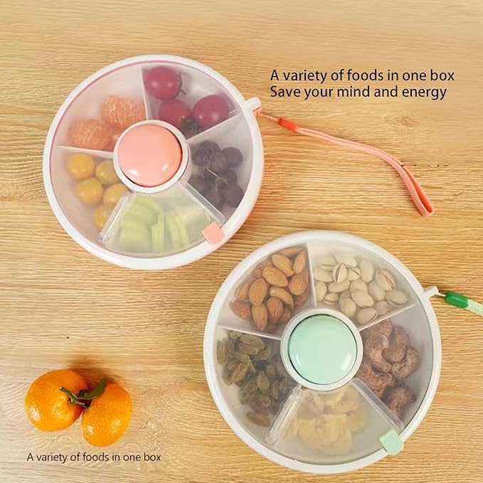 Kids Snack Spinner, 360° Rotating Snack Storage Containers, Large Capacity Leakproof No Spill Kids Fruit Storage Box Bundle with 5 Compartment Dispenser and Lid for Home