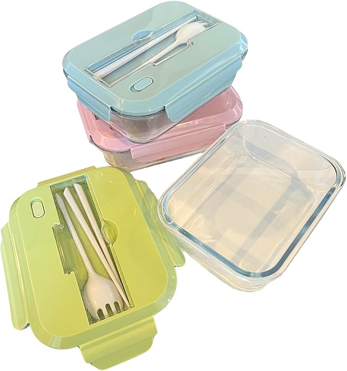 THY COLLECTIBLES Set of 3 36 OZ Glass Lunch Storage Containers with Lids and Utensils, Microwave Safe, Leak Proof, Freezer to Oven Safe for Meal Prep, Leftovers, Cooking, Bento Box (1 Compartment)