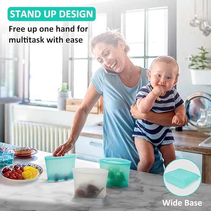 Reusable Snack Bags, 4 Pack, Stand Up 100% Silicone Reusable Storage Bag, Ziplock Silicone Food Storage Containers Snack Size, Freezer Microwave Oven Dishwasher Safe, Aqua+Translucent, 16oz