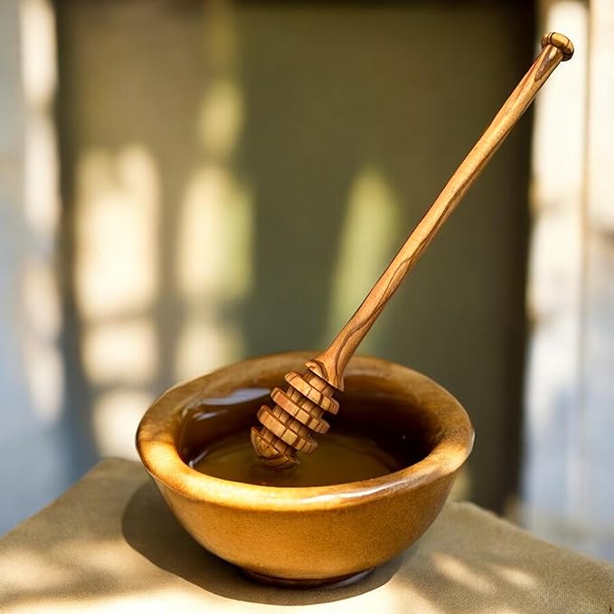 Set of 2 Olive Wood Honey Dippers, 7 Inch – Handcrafted Natural Wooden Honey Server – Food Safe