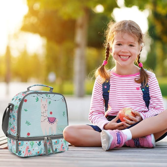 Tilami Lunch Bags Insulated Adjustable Strap Zipper, Two Compartments Cooler Bags, Bento Bags for Kids Toddlers, Blue Alpaca