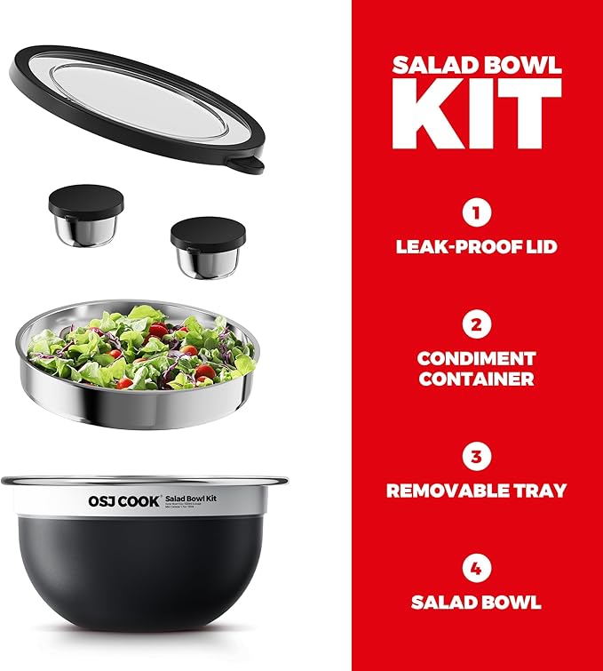 18/8 Stainless Steel Salad Bowl Kit - 51oz, Mixing Bowls with Lids Set, Black - Comes with 1.7oz Condiment Container and Removable Tray for Organization - Leak-Proof, Easy to Clean, Dishwasher Safe