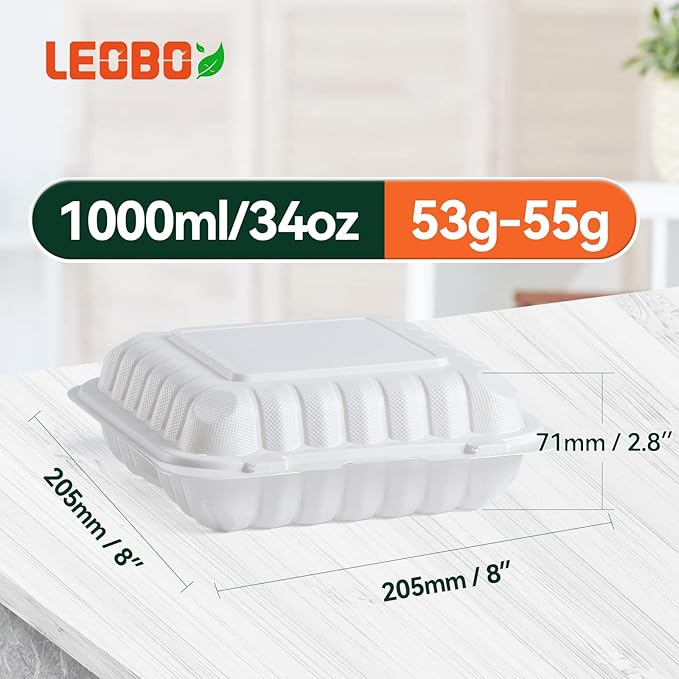 To Go Containers, Reusable 55 Pack BPA Free 3 Compartment Food Container 34 oz MFPP Clamshell Take Out Boxes