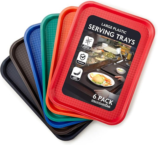 Stock Your Home Large Plastic Serving Trays for Fast Food (Set of 6) 16” x 12” Multicolor Cafeteria Tray for Lunch, Restaurant, Café, Craft Service Carts