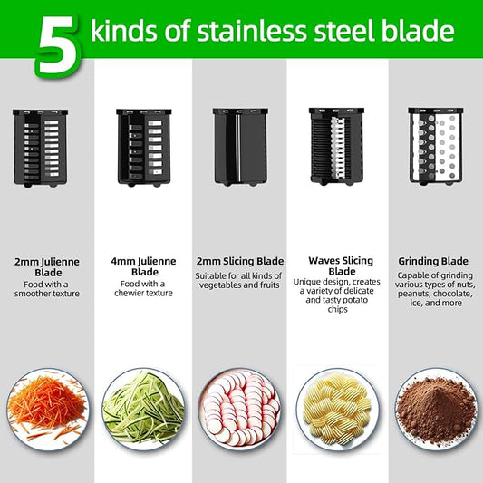 Electric Cheese Grater Salad Maker 300W Electric Vegetable Slicer Shredder Chopper for Fruits with 5 Different Shapes of stainless steel Blades Stainless Steel Food Cutter for Vegetables and Cheeses