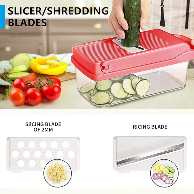 Vegetable Chopper, Onion Chopper, Mandolin Slicer,Pro 10 in 1professional food multifunctional Vegetable Chopper and Slicer, Dicing Machine, AdjustableVegetable Cutter Container (Pink>White Mix)