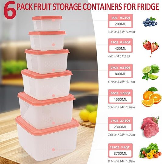 6 PCS Fruit Storage Containers for Fridge with Lids, BPA-Free, Produce Storage Containers with Removable Colander, Dishwasher & Microwave Safe for Salad Berry Lettuce Keeper