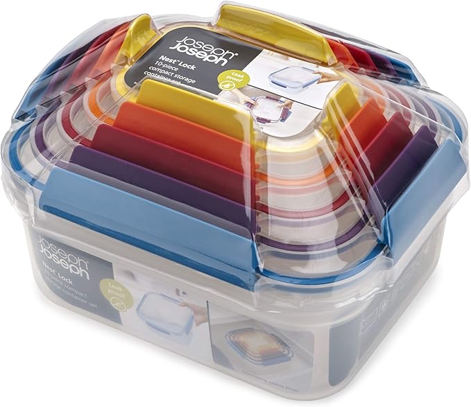 Joseph Joseph Nest Lock Plastic BPA Free Food Storage Container Set with Lockable Airtight Leakproof Lids, 10-Piece, Multi-Color (Pack of 4)