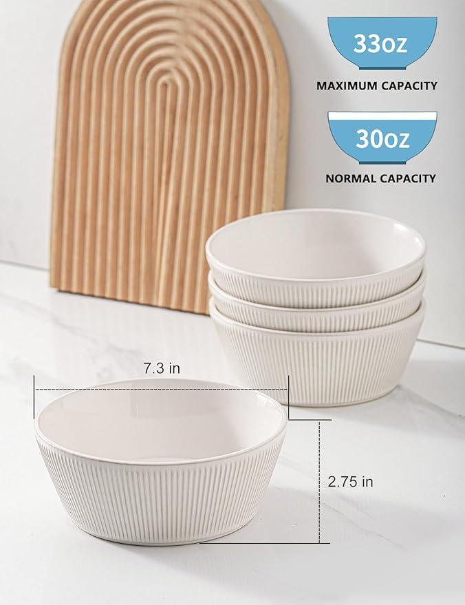 UBEE Large Soup Bowls Set of 4, 7.3 inch White Salad Bowls, Ceramic Serving Bowls for Ramen, Pasta, Fruit, Cereal, Fruit, Dinner, Dishwasher and Microwave Safe