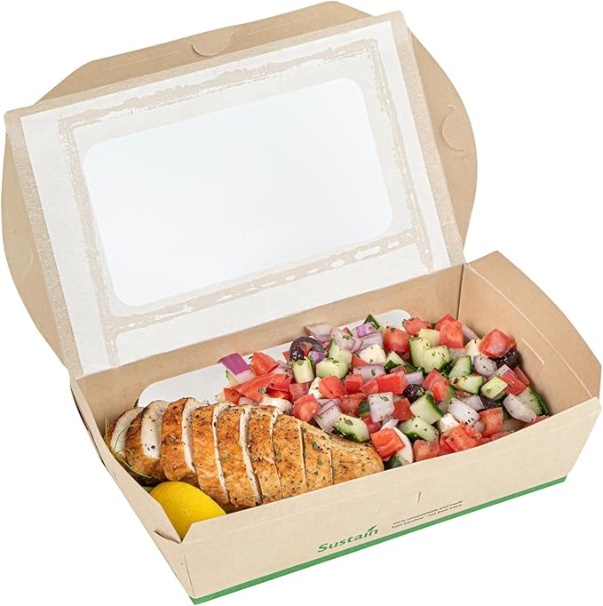 Restaurantware-Sustain 35 Ounce Sturdy Paper Take Out Boxes, 50 Disposable Take Out Food Containers - With PLA lining, Two Clear PLA Windows, Bamboo Paper Containers, Compostable, Tab-Lock Design