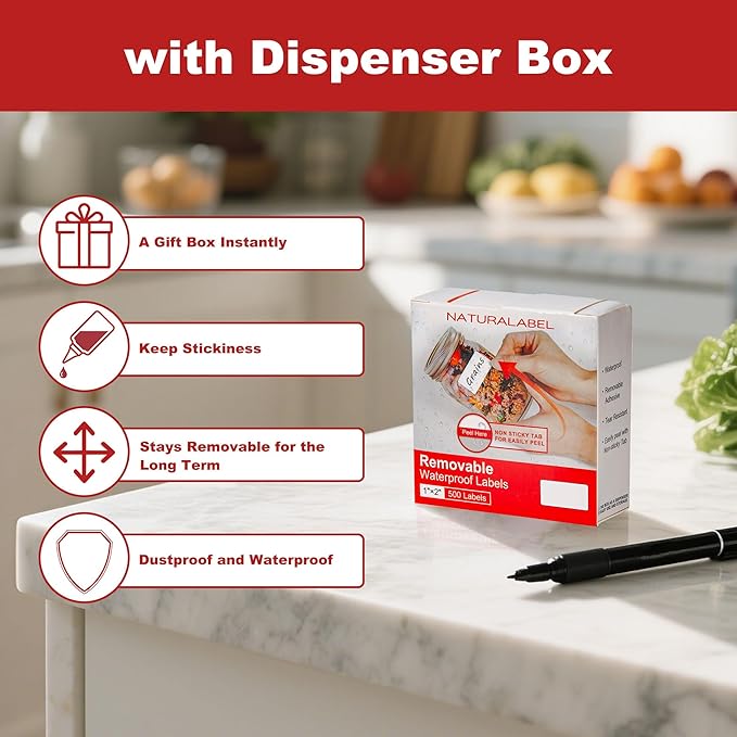 NATURALABEL 500 PCS Blank Removable Freezer Labels with Dispenser - 1" x 2" Food Labels for Meal Prep Containers & Pantry Organizers, Easy Peel-Off Design, No Residue