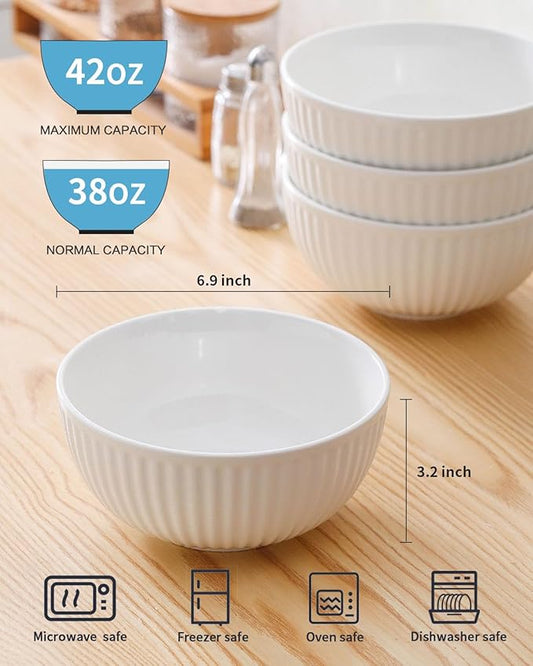 Hasense Large Serving Bowls 7 Inch - 42 Oz White Ceramic Salad Bowl Set of 4 for Kitchen,Modern Ribbed Porcelain Dishes for Entertaining,Soup,Pho,Pasta,Cereal, Noodle - Dishwasher & Microwave Safe