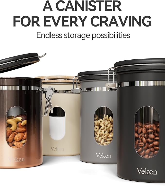 Veken Coffee Canister with Window, Gifts for Dad,Airtight Stainless Steel Kitchen Food Storage Container, Date Tracker & Scoop for Grounds Coffee, Beans, Tea,Flour,Cereal,Sugar,22OZ,Copper