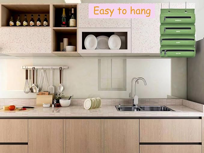 Zipper Bag Organizer Suitable for kitchen RV Campers with Zipper Gallon, Quart, Sandwich and Snack Food Storage Bags, Kitchen Plastic Bag Storage Organizer (Green)