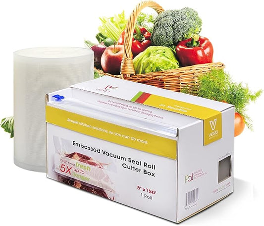 Vacuum Sealer Roll (8” x 150’) Keeper with Cutter - Premium Seal Bags for Food Saver, Ideal for Meal Prep, Sous Vide, and Storage, Vesta Precision
