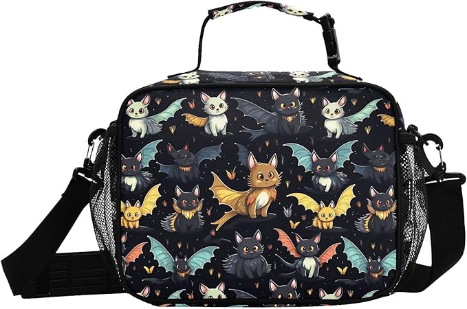 MNSRUU Student Lunch Bag Gothic Skull Cat Bat Insulated DinnerTotes Picnic Bag Lunch Box with Adjustable Shoulder Strap for Teen Kids Adults