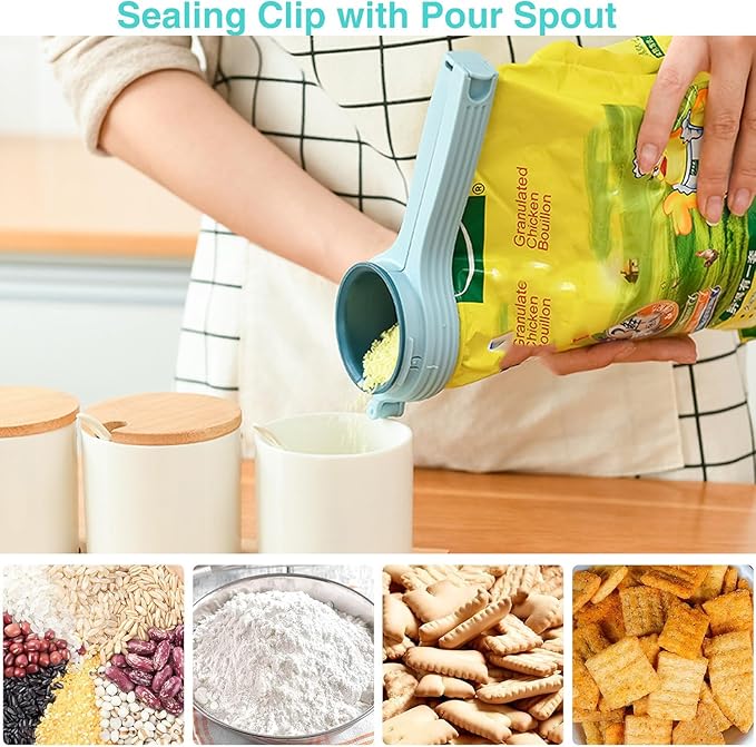 Food Bag Sealing Clips with Pour Spout - 3 Pack Airtight Storage Clamps for Cereal/Dog Food/Flour/Snacks, Reusable Bag Sealers for Pantry & Kitchen (S/M/L)