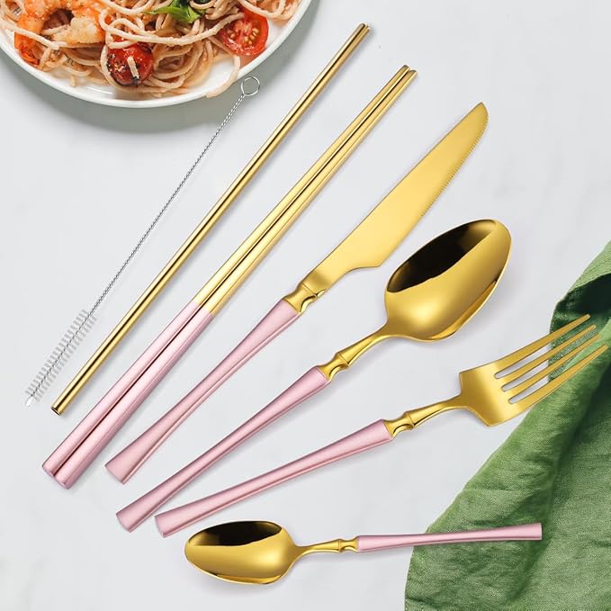 AARAINBOW 7 Pieces Stainless Steel Flatware Set Portable Reusable Cutlery Set Travel Utensils Set Including Chopsticks Knife Fork Spoon Straws Cleaning Brush Dishwasher Safe (B-Pink Golden)
