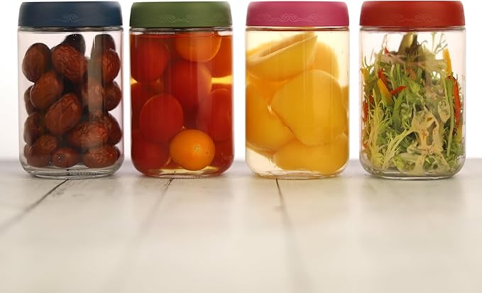 18 OZ Glass Food Jar Storage Containers with Airtight Lids, Reusable Wide Mouth Overnight Oats Glass Mason Jars for Snacks Yogurt Pudding(Multicolor 4pack-1)