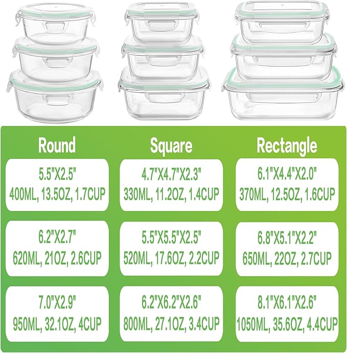 HOMBERKING Glass Food Storage Containers with Lids, [18 Piece] Glass Meal Prep Containers, Airtight Glass Lunch Bento Boxes, BPA-Free & Leak Proof (9 lids & 9 Containers) - Blue
