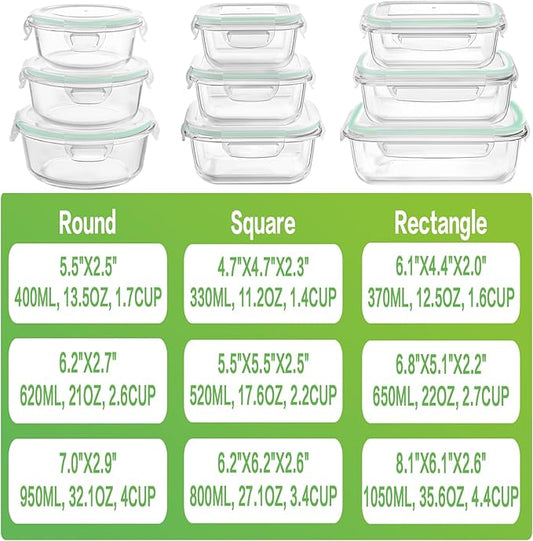 HOMBERKING Glass Food Storage Containers with Lids, [18 Piece] Glass Meal Prep Containers, Airtight Glass Lunch Bento Boxes, BPA-Free & Leak Proof (9 lids & 9 Containers) - Blue