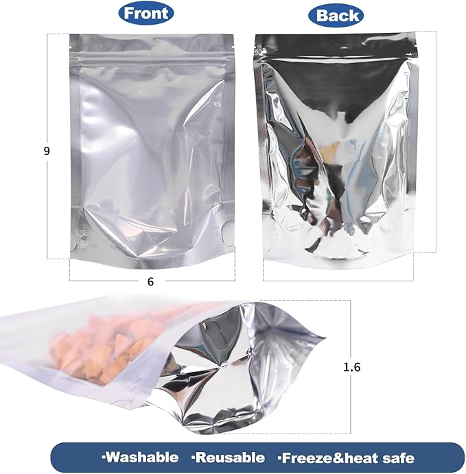 100PCS 6"X9" Clear Front & Aluminum Foil Back Mylar Bags for Food Storage,Smell Proof Stand Up Ziplock Pouch,Resealable Bags for Small Business Packaging Candy Coffee Bean Nuts Cookie